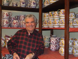 Ubaldo Grazia with some of his fabulous majolica, in Deruta.